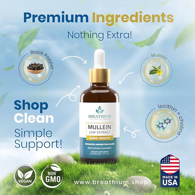 4-in-1 Mullein Drops for Lungs & Gut Health – Liposomal Mullein Leaf Extract, Sunflower Lecithin & Choline for Immune, Digestive, Allergy & Mucus Relief – Made in USA – 4oz Peppermint