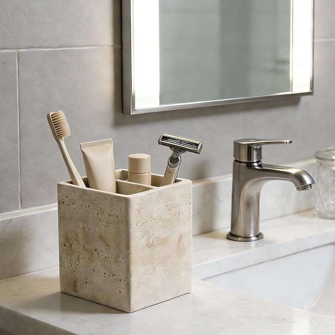 Natural Travertine Textures Toothbrush Holders for Bathroom, Electric Toothbrush and Toothpaste Holder 3 Slots Tooth Brush Organizer for Bathroom Countertop, Shower, Vanity