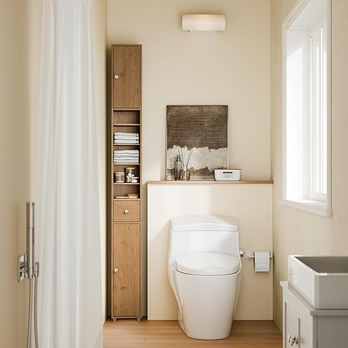 SoBuy Bathroom Narrow Storage Cabinet Skinny Tall Unit with Adjustable Shelves Slender Anti-Tipping Floor Standing Cupboard, Natural BZR34-PF