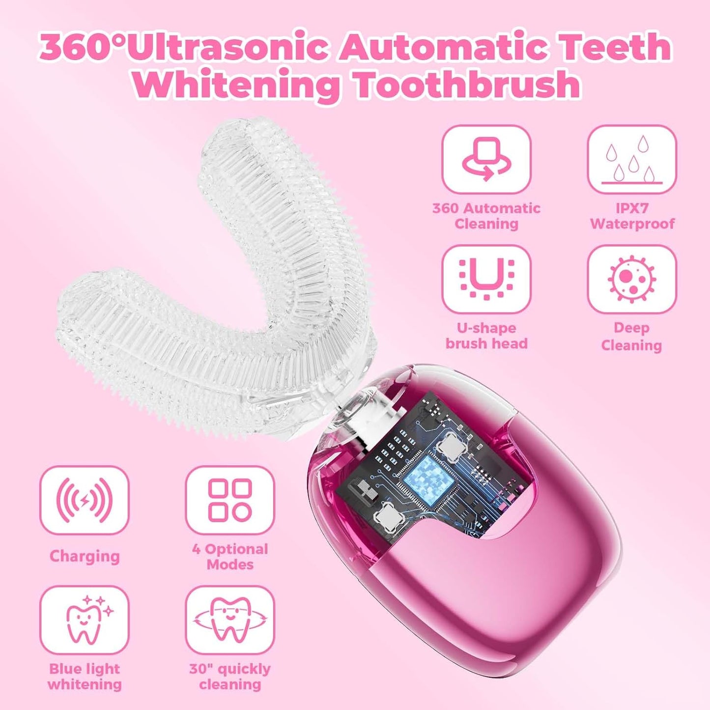 U Shaped Electric Toothbrush for Adults, Rechargeable Electric Toothbrush with 360° U Brush Nylon Bristles, 3 Brushing Modes, IPX7 Waterproof, Home & Travel Use