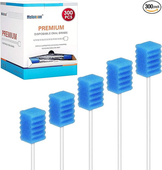 300 Pcs Oral Swabs Disposable - Longer Unflavored & Sterile Dental Sponge Swabs for Mouth Cleaning - Individually Wrapped, Medical Grade, Latex-Free for Oral Care (Blue 300)