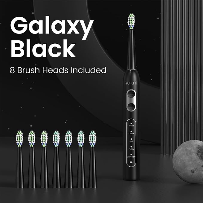 YUNCHI Electric Toothbrush for Adults and Kids, Sonic Rechargeable Toothbrushes with 8 Brush Heads, 1 Travel Case, 90 Days, 2 Min Timer, IPX7 Waterproof, 5 Modes, Type-C, 40000 VPM Motor, Black