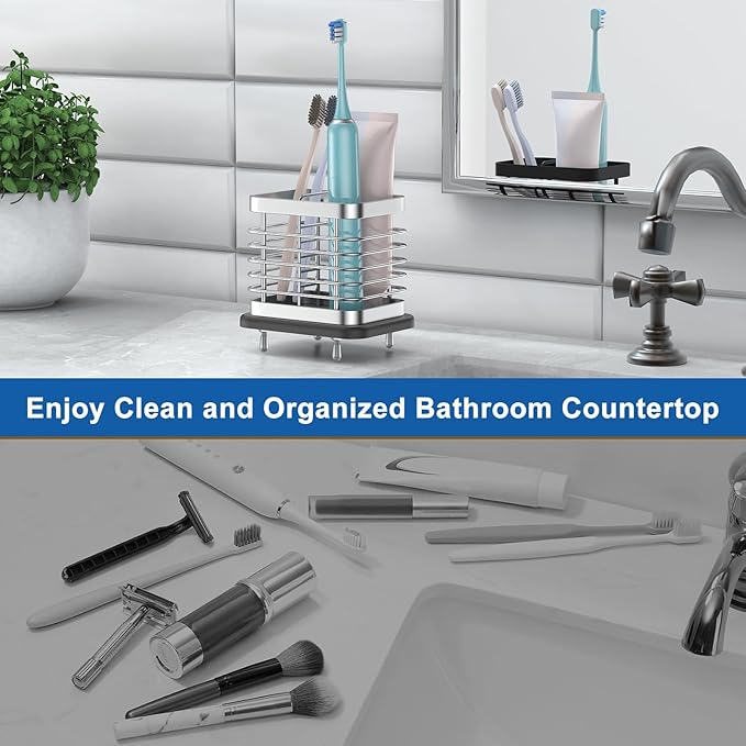 Toothbrush Holders for Bathroom, Adhesive Electric Toothbrush Holder with Fast Dry Tray Wall Mounted Toothbrush Holder Shower Toothpaste Bathroom Organizer Essentials, 2 Slots, Black