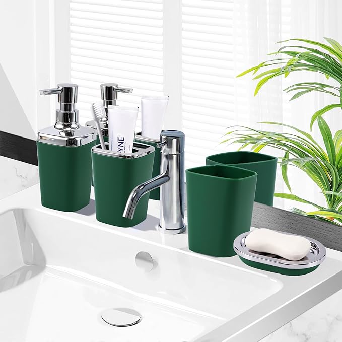 Dark Green Bathroom Accessories Set, Bathroom Sets with Shower Curtain, Green Bathroom Accessories with Trash Can, Soap Dispenser, Soap Dish, Toilet Brush Holder, Qtip Holders for Bathroom
