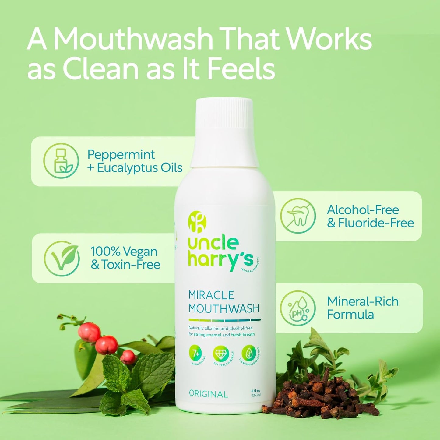 Uncle Harry's Natural Alkalizing Miracle Mouthwash | Adult & Kids Mouthwash for Bad Breath | pH Balanced Oral Care Mouth Wash & Mouth Rinse (8 fl oz)