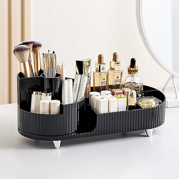 Makeup Organizer Countertop Rotating Makeup Organizer for Vanity Large Capacity Cosmetic Display Case with Makeup Brush Holder Cosmetic Organizer Countertop（Black）