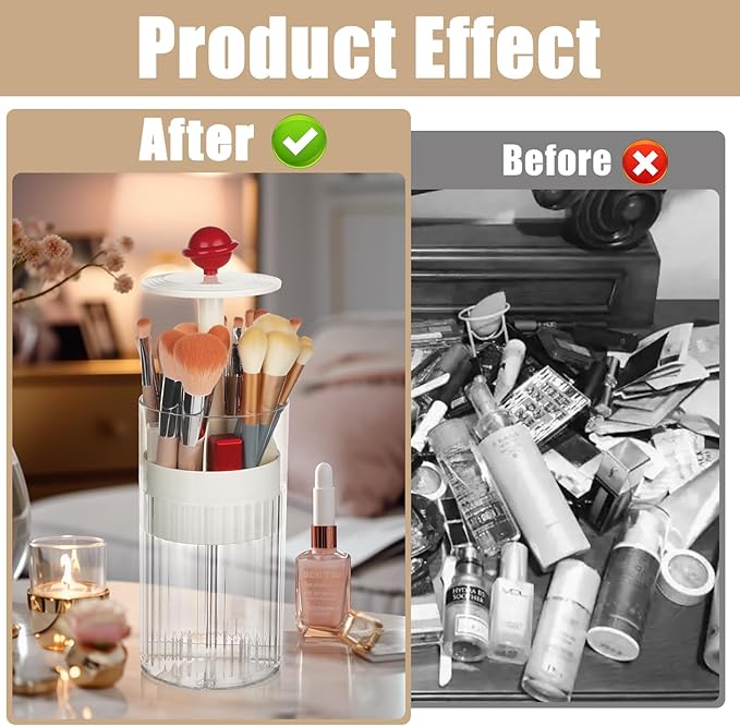 2 Pack Makeup Brush Holder with Lid Automatic Lifting Makeup Brush Organizer with Lid Dustproof & Waterproof 4-Compartment Clear Makeup Organizer for Vanity,Office,School,Dorm Room,Red+Silver