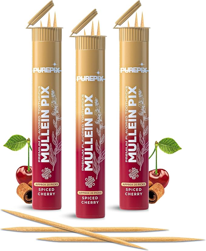 Mullein Pix, Extra Thick Flavored Toothpicks Infused with Mullein Leaf, Natural Quit Smoking Alternative, Lung Cleanse Support, Nicotine Free, Kosher Vegan, Made in The USA (Spiced Cherry 3 Pack)
