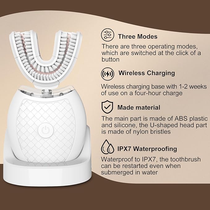 Magentak Electric U Shaped Toothbrush for Adult,360 Degree Automatic Cleaning, Ultrasonic Tooth Brush has 23760 Nylon Bristles and 3 Modes Standard, Fast, Ultra Fast(White)