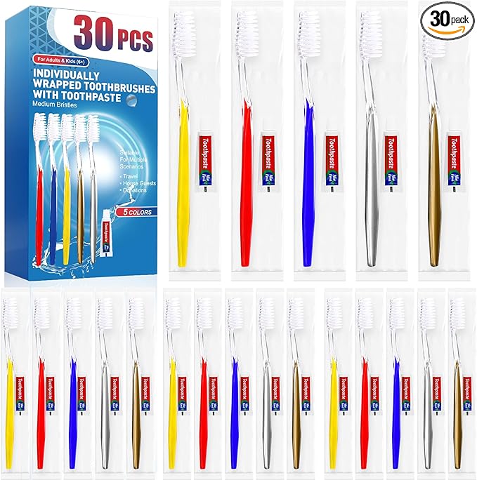 Navona 30 PCS Disposable Toothbrush with Toothpaste Bulk, Travel Toothpaste, Bulk Toothpastes, Individually Wrapped Bulk Toothbrush, Ergonomics Handle,Medium Soft Bristle, Perfect for Travel, Hotel