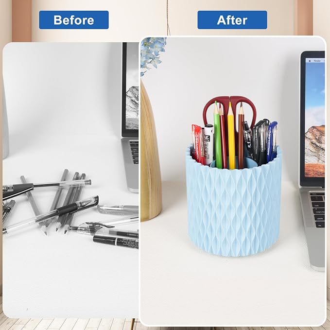 Makeup Brush Holder Organizer-360° Rotating Makeup Brush Storage,Pencil Pen Holder Cup,Desk Accessories,5 Slot Make up Brushes Cup, for Vanity Desktop Bathroom Countertop(Light Blue)