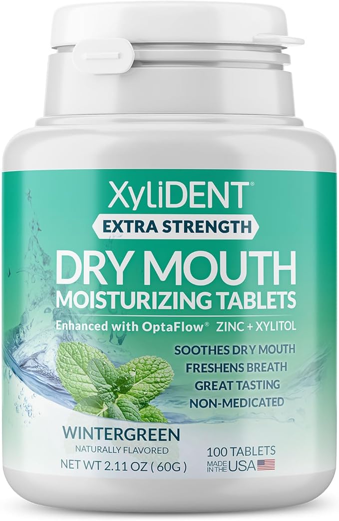 Extra Strength Xylitol Tablets for Dry Mouth Relief - Stimulates Saliva, Freshens Breath, Reduces Acid Production, Fast Acting Relief, 100 Count (Wintergreen)