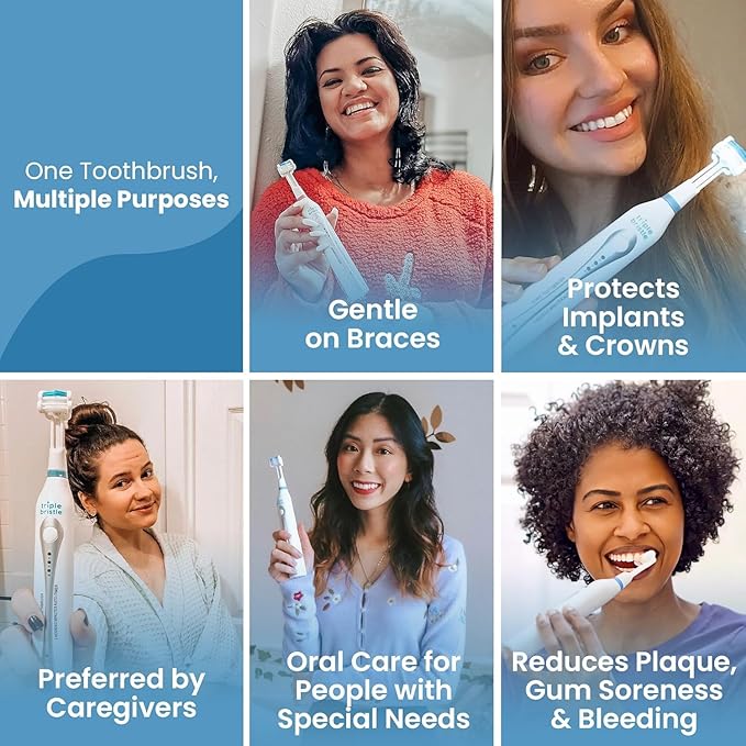 Triple Bristle Kids Sonic Toothbrush | 2 Pack | 3-Sided Brushing to Clean Teeth and Gums | Dentist Created & Approved | Fun Sticker Rewards | Rechargeable Toothbrush