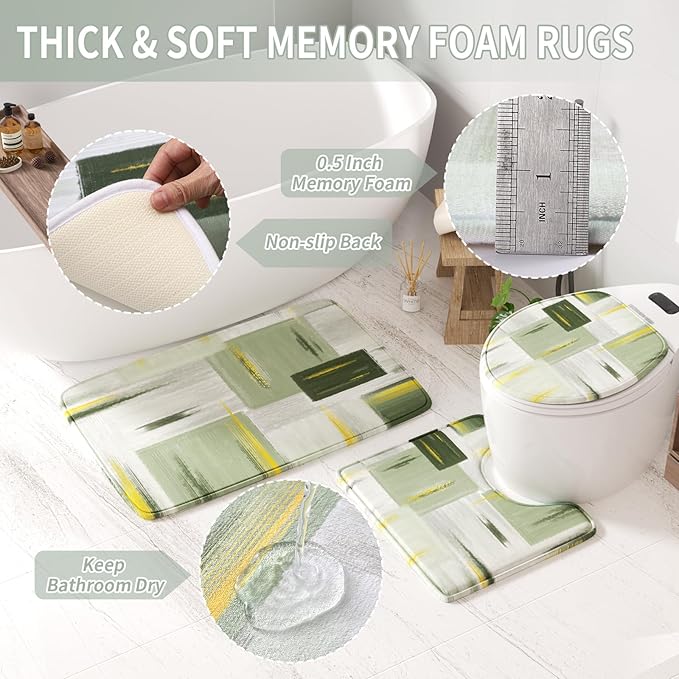 Bathroom Accessories Set - 25PC Bathroom Set with Shower Curtain and Rugs, Sage Green Bathroom Set, Bathroom Accessory Set with Press-on Lid Trash Can, Soap Dispenser and Qtip Holders