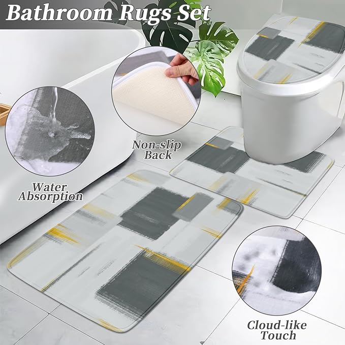 Bathroom Set - Grey and Gold Bathroom Accessories Set, Bathroom Sets with Shower Curtain and Rugs, Grey Shower Curtain Set with Bathroom Trash Can, Soap Dispenser, Soap Dish for Home Decor