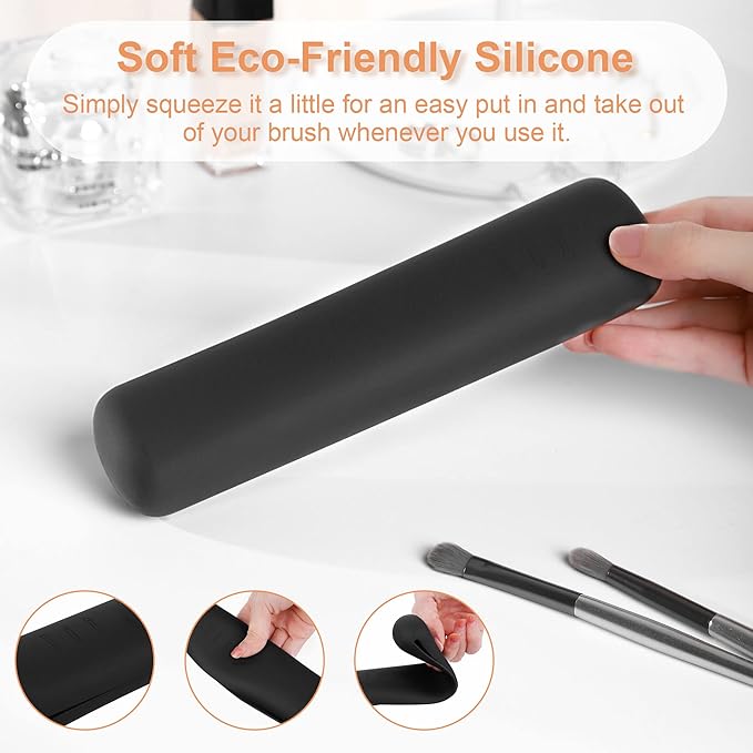 FERYES Travel Makeup Brush Holder, Magnetic Anti-fall Out Silicon Portable Cosmetic Face Brushes Holder, Soft and Sleek Makeup Tools Organizer for Travel-Black(7.8 * 1.89 * 0.79)