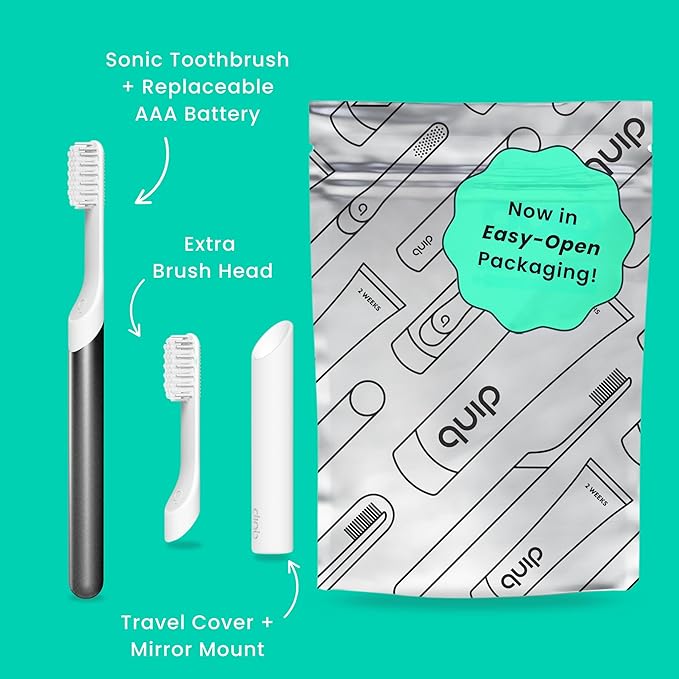 Quip Metal Sonic Electric Toothbrush for Adults - Time Travel & Soft Bristles with Travel Case & Replacement Brush Head - 3 Month Battery Life - Slate
