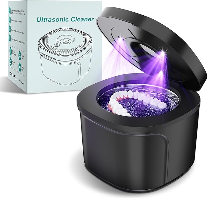 Ultrasonic Retainer Cleaner, Dental Cleaning Pod with U-V Lights, 45kHz Retainer Cleaner Machine for Dentures, Toothbrush Heads, Jewelry, Aligner, Night Mouth Guards (Black)