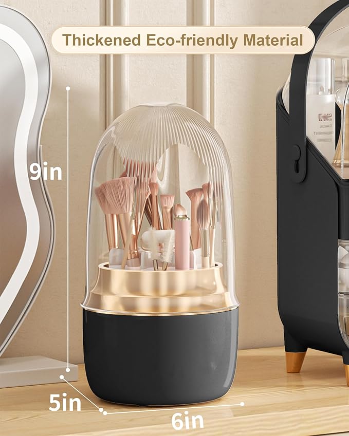 Makeup Brush Holder 360 Rotating, [Upgrade & with Cover] Makeup Brush Organizer for Vanity Countertop Bathroom (Black)