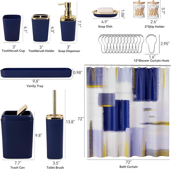 Blue and Gold Bathroom Accessories Set, Bathroom Sets with Shower Curtain, Blue Bathroom Accessories with Trash Can, Soap Dispenser, Soap Dish, Toilet Brush Holder, Qtip Holders for Bathroom