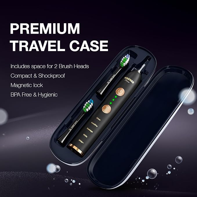 Wagner Stern WT8900 Series Electric Toothbrush – Whitening & Pressure Sensor, 5 Modes, 3 Intensities, 8 Soft Brush Heads, Rechargeable, Travel Case Included