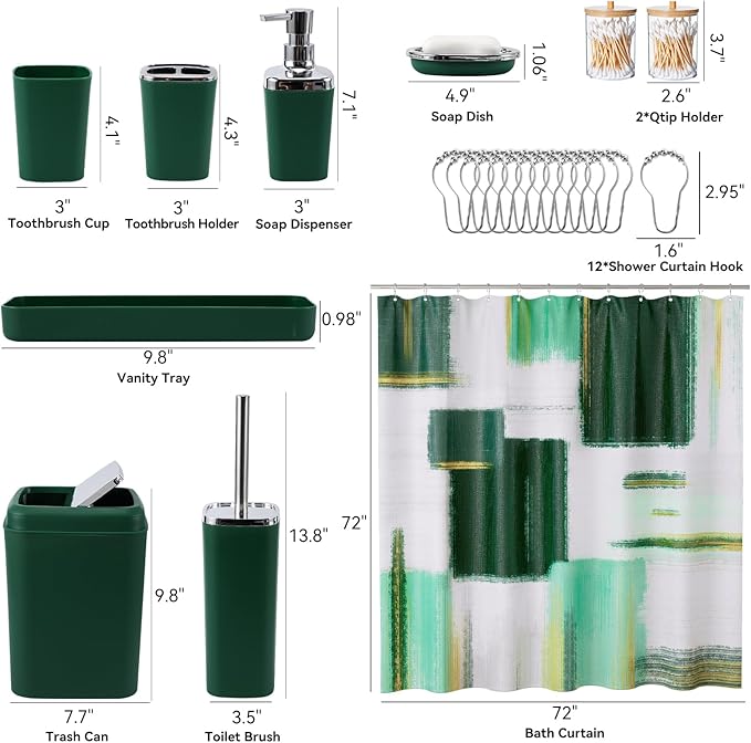 Dark Green Bathroom Accessories Set, Bathroom Sets with Shower Curtain, Green Bathroom Accessories with Trash Can, Soap Dispenser, Soap Dish, Toilet Brush Holder, Qtip Holders for Bathroom