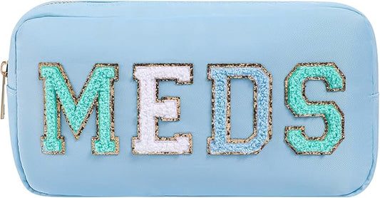 Personalized Chenille Letter Patch MEDS Bag,Cute Nylon Drug Medicine Travel Makeup Bag with Zipper, Preppy Vitamin Organizer Bag for Women and Girls (05Light Blue)