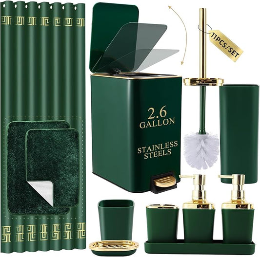 Bathroom Sets with Shower Curtain and Rugs Bathroom Accessories Set Hunter Green Bathroom Set,Soap Dispenser & Toilet Brush Holder Set with Stainless Steel Trash Can