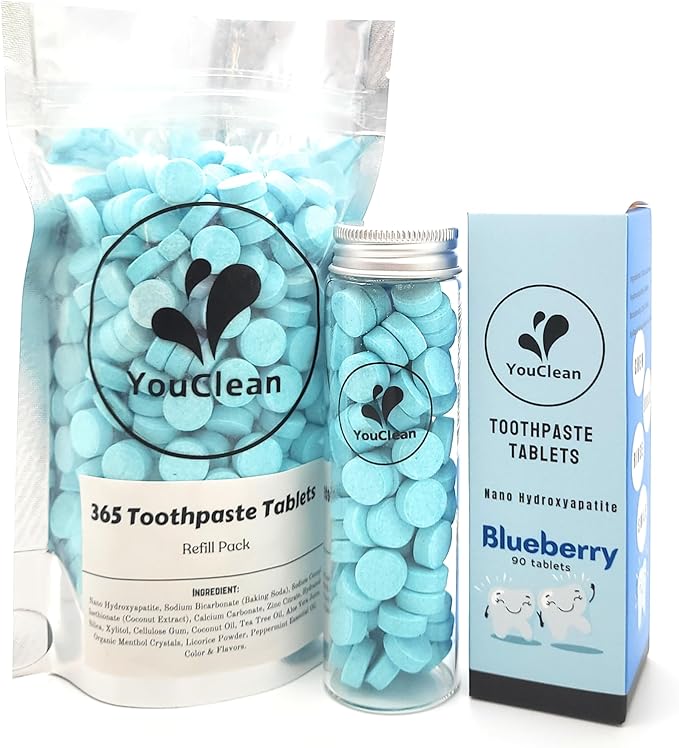 90 Toothpaste Tablets in Refill/Recycle Glass Tube - for Travel and Daily Home Office Use - Nano Hydroxyapatite, Fluoride-Free, Vegan (Blueberry90)