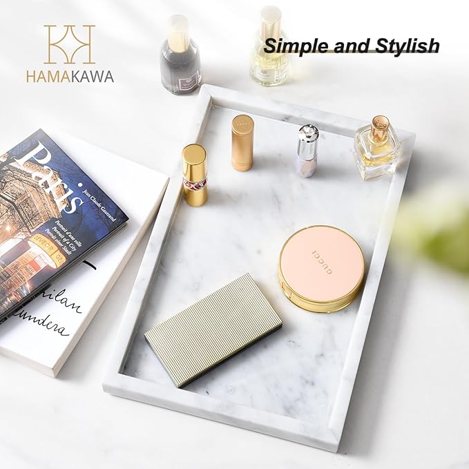 Large Bathroom Vanity Tray, Real Natural Marble Sink Tray 12 inch, Carrara White Stone Toilet Tank Trays, Modern Dresser Trays, Countertop Organizer for Kitchen Counter, Soap Dispenser
