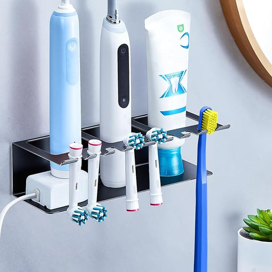 Electric Toothbrush Head Holders, Electric Toothbrush Holders Wall Mounted, Shower Electric Head Holder, Toothbrush and Toothpaste Holder, Tooth Brushing Holder for Bathroom (Black, Large)