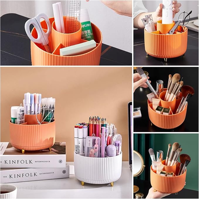 DASITON Large Capacity Makeup Brush Holder,360° Rotating Makeup Organizer,5 Slot Makeup Brushes Cup,for Vanity Decor,Bathroom Countertops,Desk Storage Container,Cosmetic Display cases(Orange)