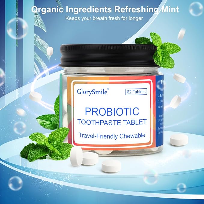 GlorySmile Toothpaste Tablets, Nano Hydroxyapatite with Probiotics, Fluoride & Plastic Free, Eco & Travel Friendly Size, Remineralizing Chewable Toothpaste Tabs - 62ct, Mint