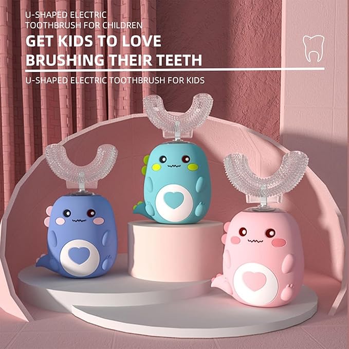 Kids U Shaped Electric Toothbrush with 4 Brush Heads, 360° Sonic Automatic Toothbrush with 3 Cleaning Modes, IPX7 Waterproof Cartoon Dinosaur Design (Ages 2-12)