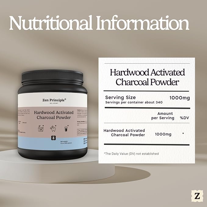 Zen Principle Activated Charcoal Powder only from USA Hardwood Trees. All Natural. Whitens Teeth, Rejuvenates Skin and Hair, Supports Better Digestion. Free Scoop Included. 12 oz.