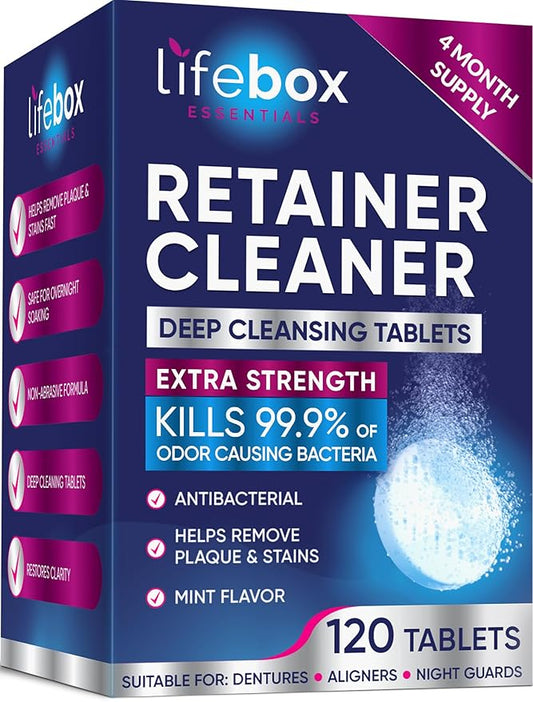 Retainer Cleaner Tablets - 120 Denture Cleaning Tablets & Aligner Cleaner - Removes Odors & Stains – For Aligners, Retainers, Dentures, Night Guards - Mint Flavor