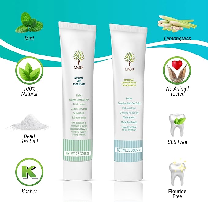 Masik Natural Mint Toothpaste – Whitening & Sensitive Teeth | Dead Sea Salt | Stain & Plaque Remover | Bleeding Gums & Canker Sore Care | Fluoride & SLS-Free | Non-Foaming | Made in Israel