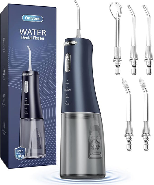 Onlyone Water Dental Flosser, 300ML Portable Oral Irrigator for Teeth, 4 Modes and 5 Jet Tips,Rechargeable Irrigation Cleaner,Electric Flossing Machine Power Flossers & Irrigator Accessories Blue