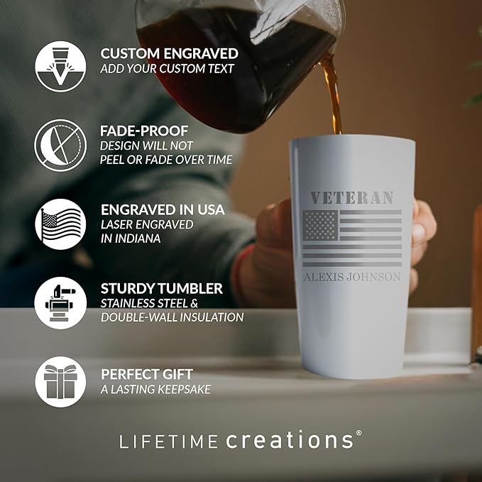 Lifetime Creations Engraved Personalized Veteran Tumbler 20 oz (White) with American Flag - Custom Veteran Gift for Veterans Day Event, Insulated Stainless Steel Coffee Travel Mug