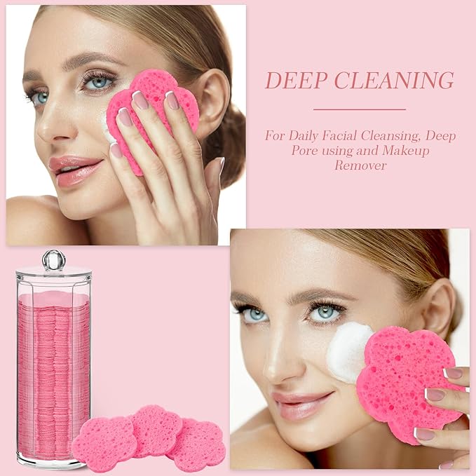 Sieral 120 Pcs Compressed Facial Sponges with Container Disposable Face Sponge Pads for Washing Face Cleansing Exfoliating Esthetician Makeup Removal(Flower,Pink)