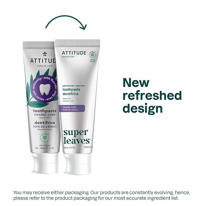 ATTITUDE Enamel Repair Toothpaste with Fluoride, Spearmint Flavor, Vegan & Cruelty-Free, Sugar-Free, Plant & Mineral-Based Ingredients, Clean Oral Care, 4.2 Oz