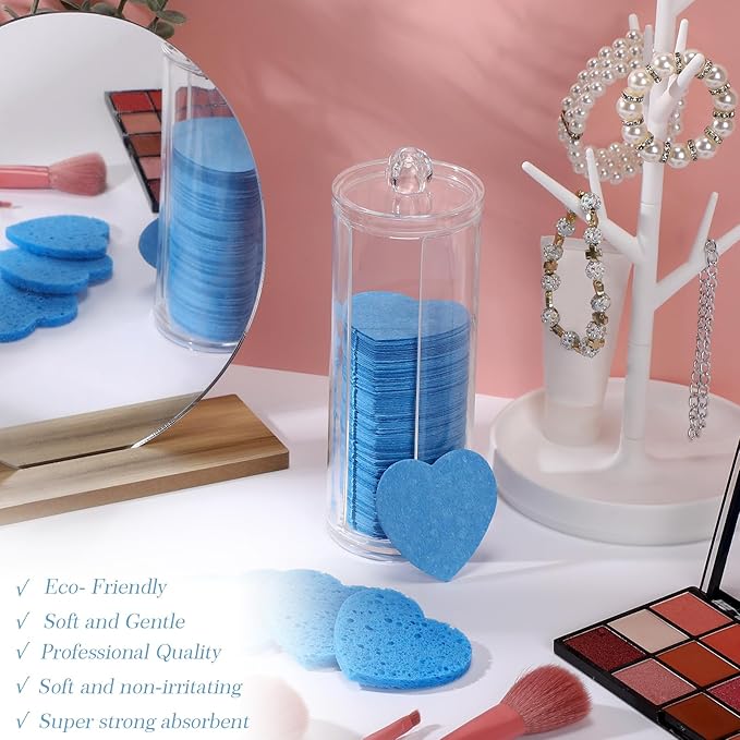 Sieral 120 Pcs Compressed Facial Sponges with Container Disposable Face Sponge Pads for Washing Face Cleansing Exfoliating Esthetician Makeup Removal(Heart,Dark Blue)