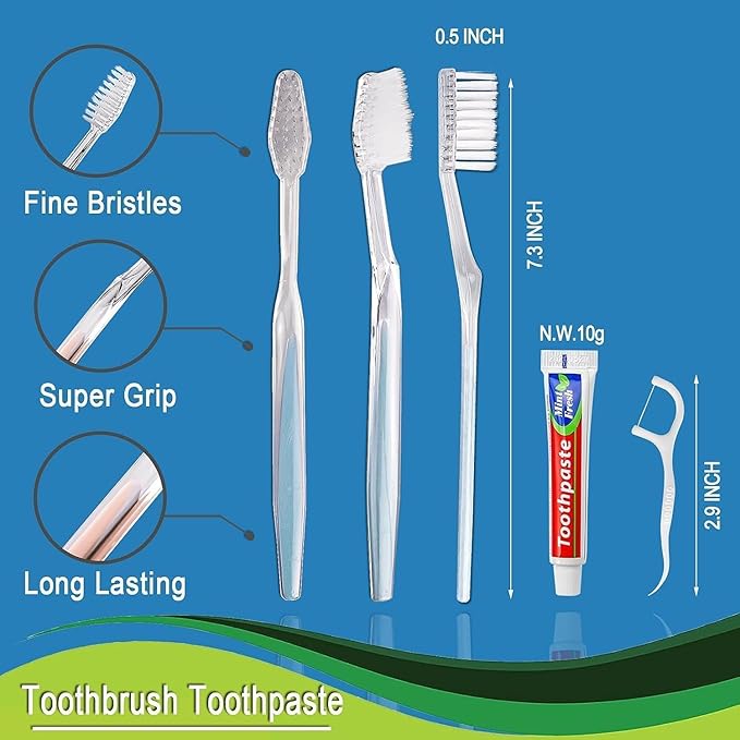 100 Pack Disposable Toothbrushes with Toothpaste Floss Individually Wrapped, 2 Color Toothbrush,10g Toothpaste,Floss Pick,Bulk Toothbrush Kit for Homeless,Airbnb,Hotel,Guest