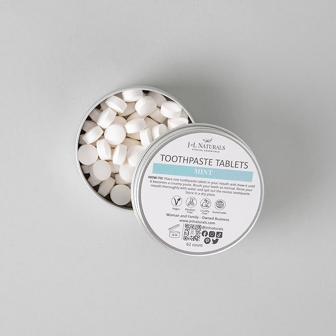 J&L Naturals Toothpaste Tablets | 62-Pack Travel-Friendly Toothpaste | Fluoride + Plastic Free, Vegan, Cruelty Free, Sustainable | Woman-Owned Small Business (Mint, 62 Count (Pack of 2))