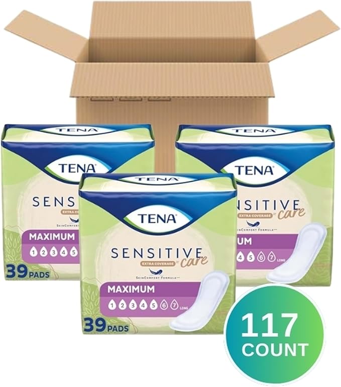 TENA Sensitive Care Incontinence Pads for Women, Bladder Control & Postpartum, Maximum Absorbency, Long - 117 Count
