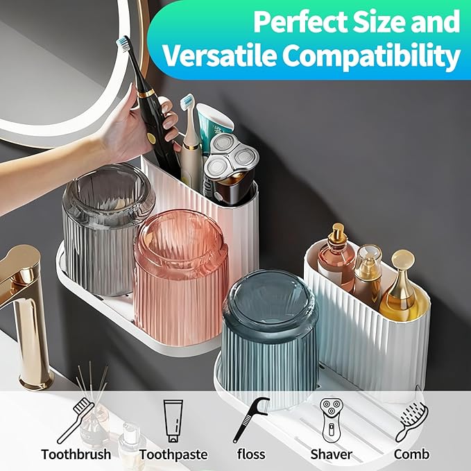 Toothbrush Holder,Bathroom Toothbrush Holder Suitable for Bathroom Organizer Place The Cup Upside Down to Drain Bathroom Stands for Storing Toothpaste Toothbrushes and Other Toiletries (Gray)
