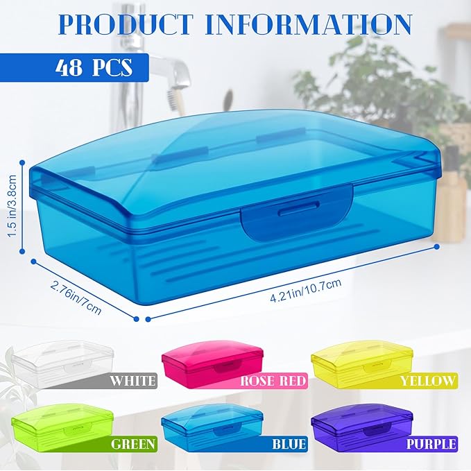 48 Pcs Travel Soap Container Portable Plastic Soap Boxes Bulk with Lid Homeless Donations Bulk Gym Shower Tour Groups Hotel Outdoor Camping (Mixing Colors)