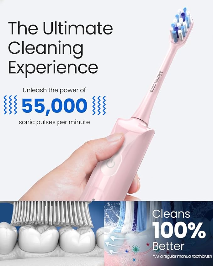 Electric Toothbrush for Adults, Rechargeable Sonic Travel Toothbrush Teens with 4 Brush Heads-180 Days Battery Life, 55000VPM, 5 Modes Smart Timer& Travel Case, Pink