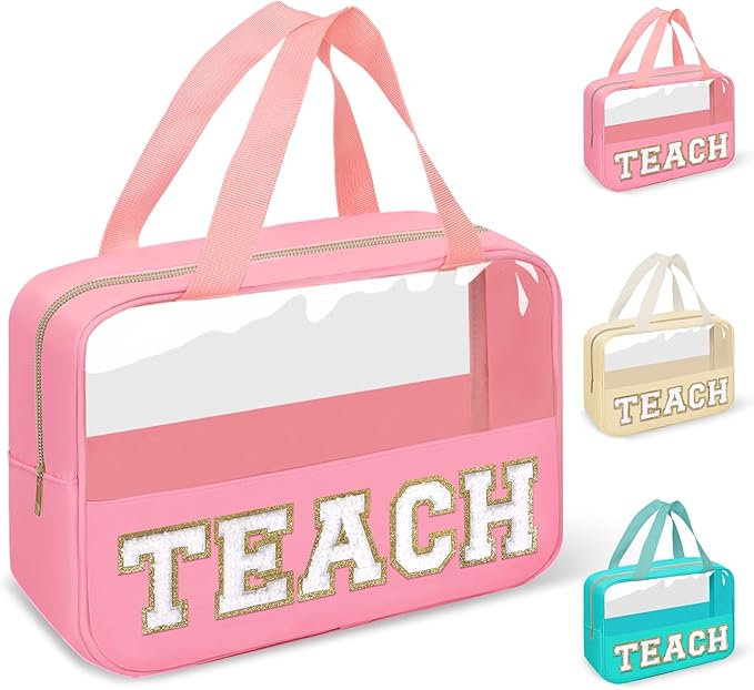 Teacher Appreciation Gifts Chenille Letter Clear Makeup Bag TEACH Pouch, Preppy Waterpoof Makeup Cosmetic Bag with Zipper Graduation Retirement Birthday Teacher Essentials Gifts for Women(TEACH-Pink)