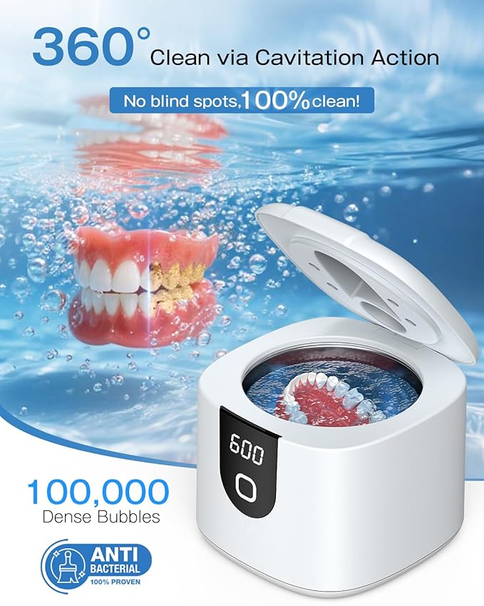 2025 Enhanced Ultrasonic Retainer Cleaner, 2X Efficiency, 45kHz Dentures Cleaner Machine with UV Lights&4 Clean Modes, Dental Cleaning Pod for Aligner, Nightguard, Mouth Guards, Jewelry, Rings, etc